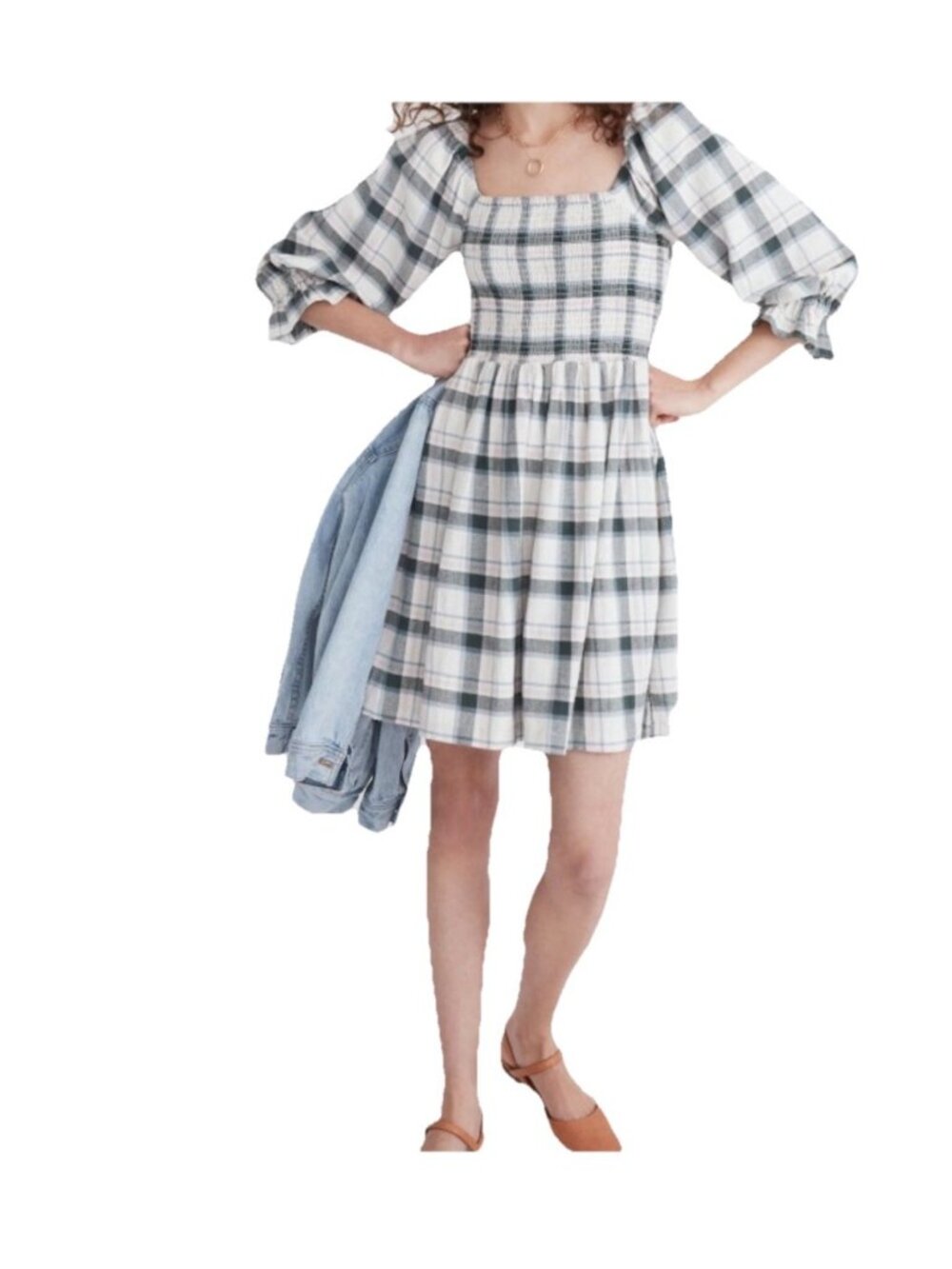 Madewell Lucie Elbow-Sleeve Smocked Mini Dress in Lebaum Plaid Medium Pockets